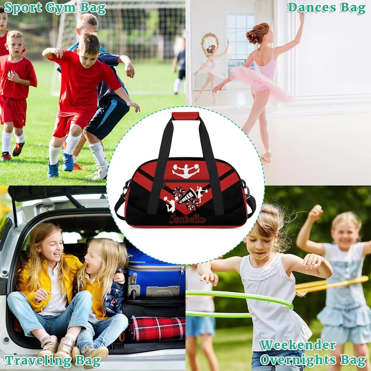 Personalized Cheer Bag Girl Sport Duffel Bag, Custom Kids Gym Bag, Customize Travel Duffle Bag with Name, Overnight Weekender Bags,Black Red, Cheerleading Gifts