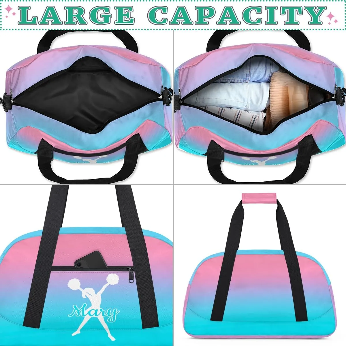 Personalized Cheer Bag Girl Sport Duffel Bag, Custom Kids Gym Bag, Customize Travel Duffle Bag with Name, Overnight Weekender Bags,Cyan Blue Gradient, Cheerleading Gifts