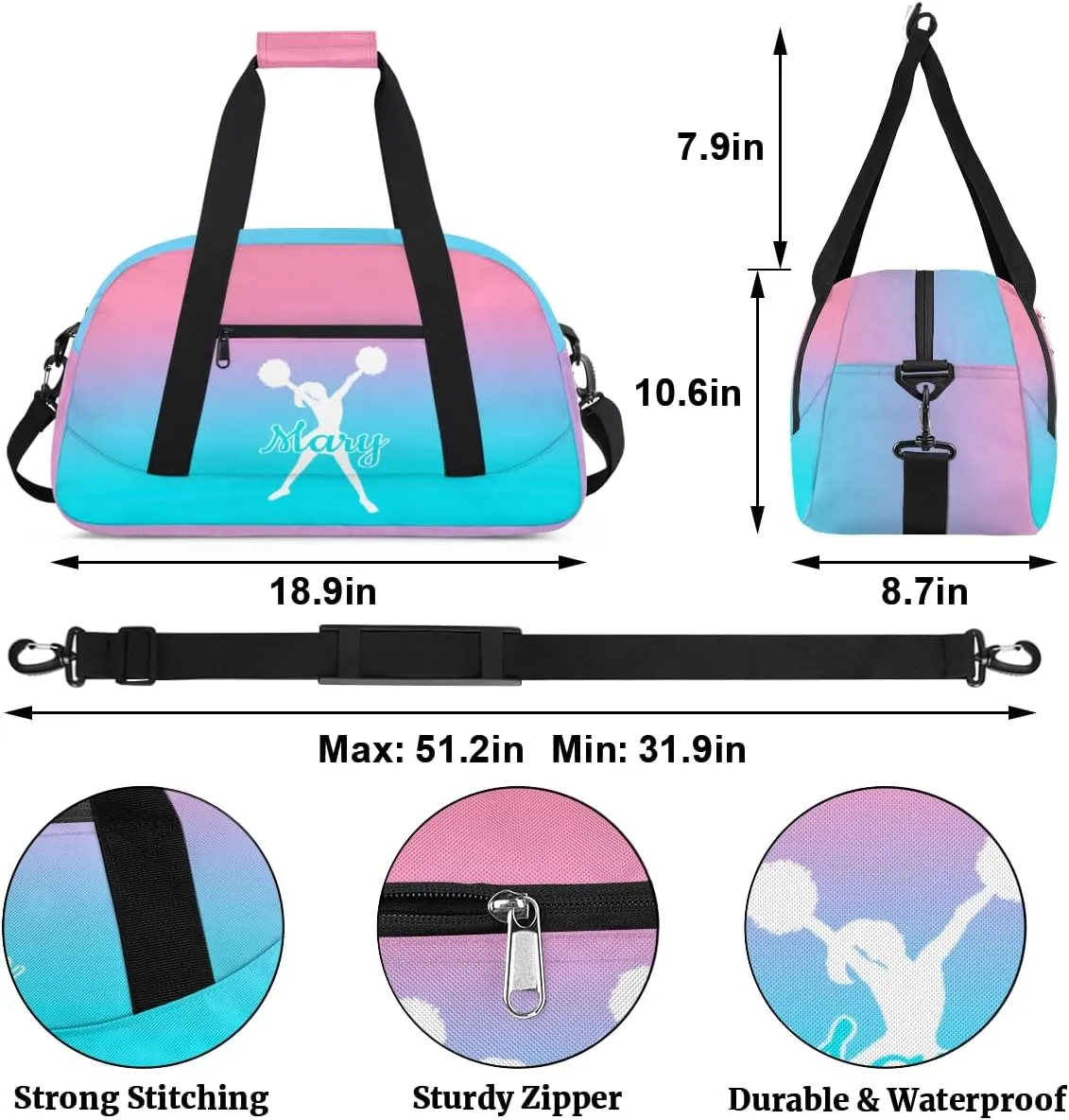 Personalized Cheer Bag Girl Sport Duffel Bag, Custom Kids Gym Bag, Customize Travel Duffle Bag with Name, Overnight Weekender Bags,Cyan Blue Gradient, Cheerleading Gifts