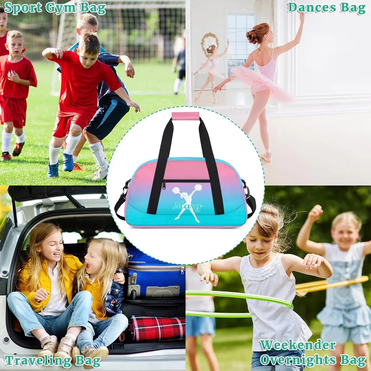 Personalized Cheer Bag Girl Sport Duffel Bag, Custom Kids Gym Bag, Customize Travel Duffle Bag with Name, Overnight Weekender Bags,Cyan Blue Gradient, Cheerleading Gifts