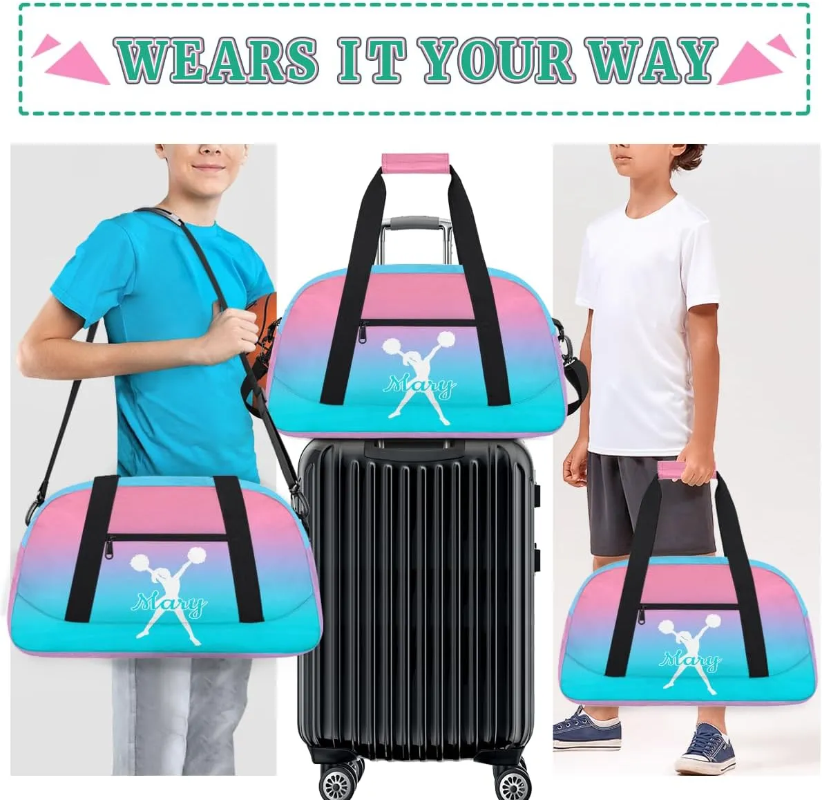 Personalized Cheer Bag Girl Sport Duffel Bag, Custom Kids Gym Bag, Customize Travel Duffle Bag with Name, Overnight Weekender Bags,Cyan Blue Gradient, Cheerleading Gifts
