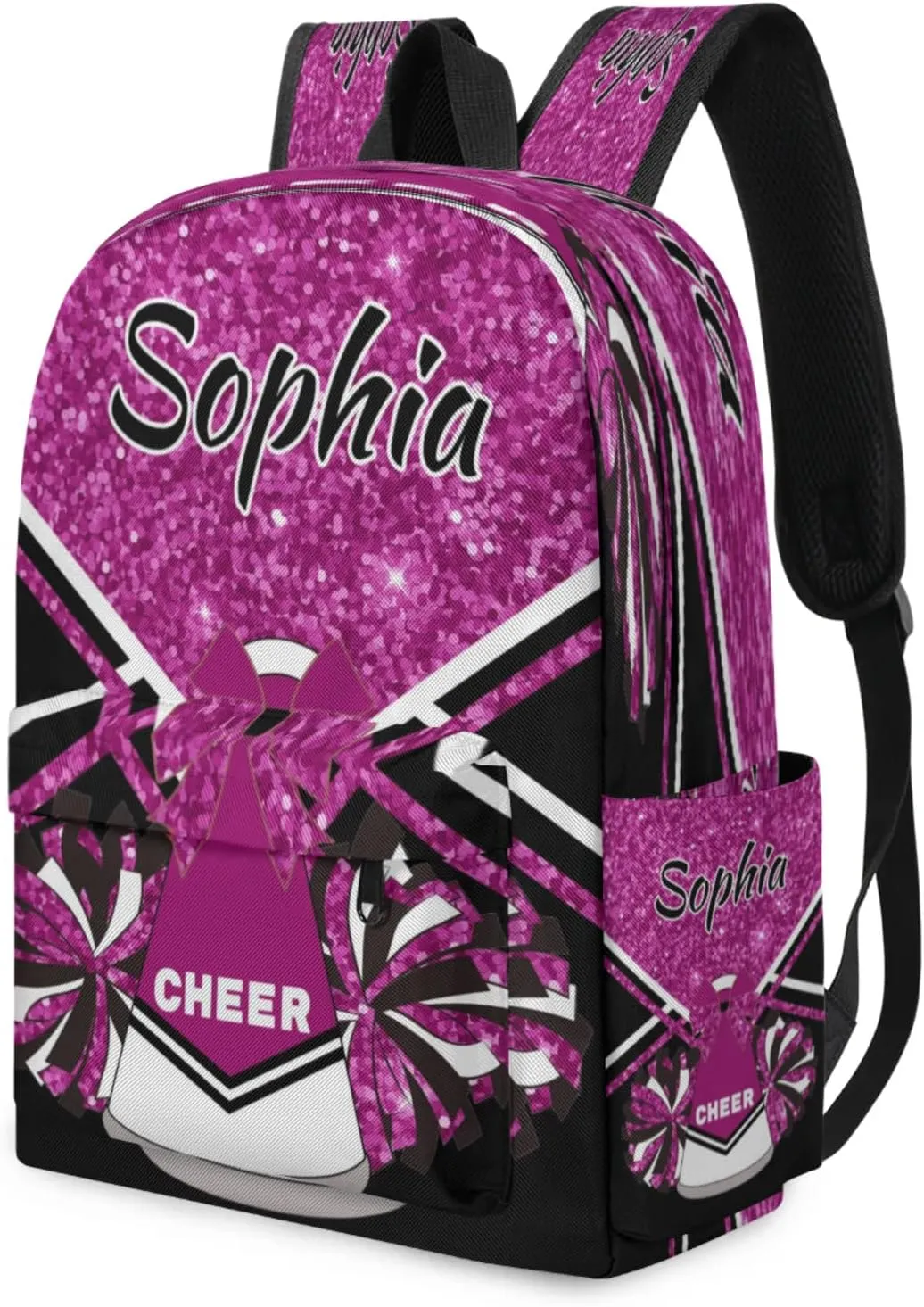 Personalized Cheer Bag Name Backpack Bags for Women Men, Custom Large Capacity Waterproof Shoulder Bags, Casual Daypack, Magenta Glitter