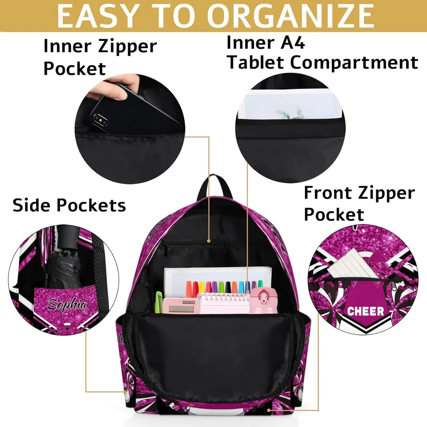 Personalized Cheer Bag Name Backpack Bags for Women Men, Custom Large Capacity Waterproof Shoulder Bags, Casual Daypack, Magenta Glitter