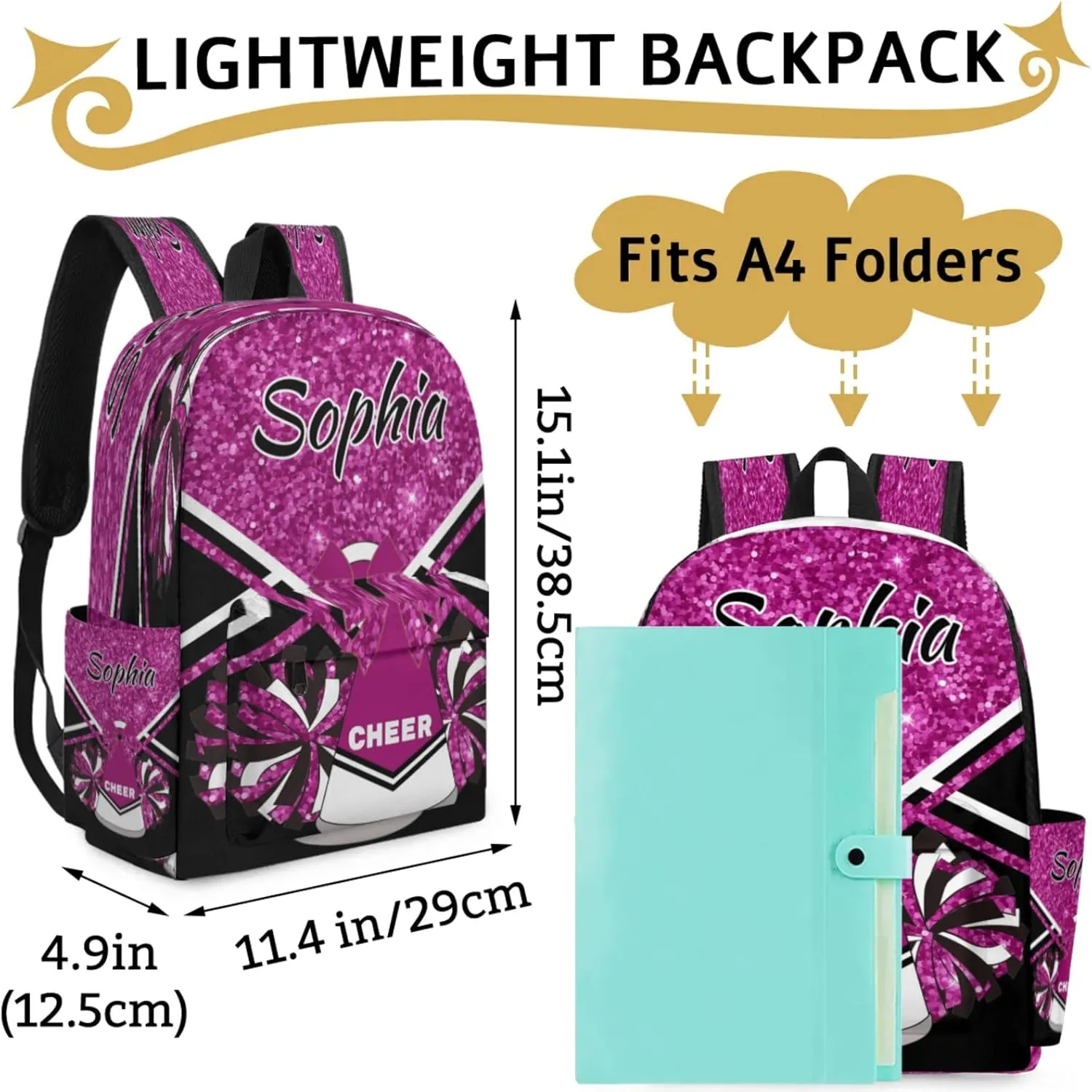 Personalized Cheer Bag Name Backpack Bags for Women Men, Custom Large Capacity Waterproof Shoulder Bags, Casual Daypack, Magenta Glitter