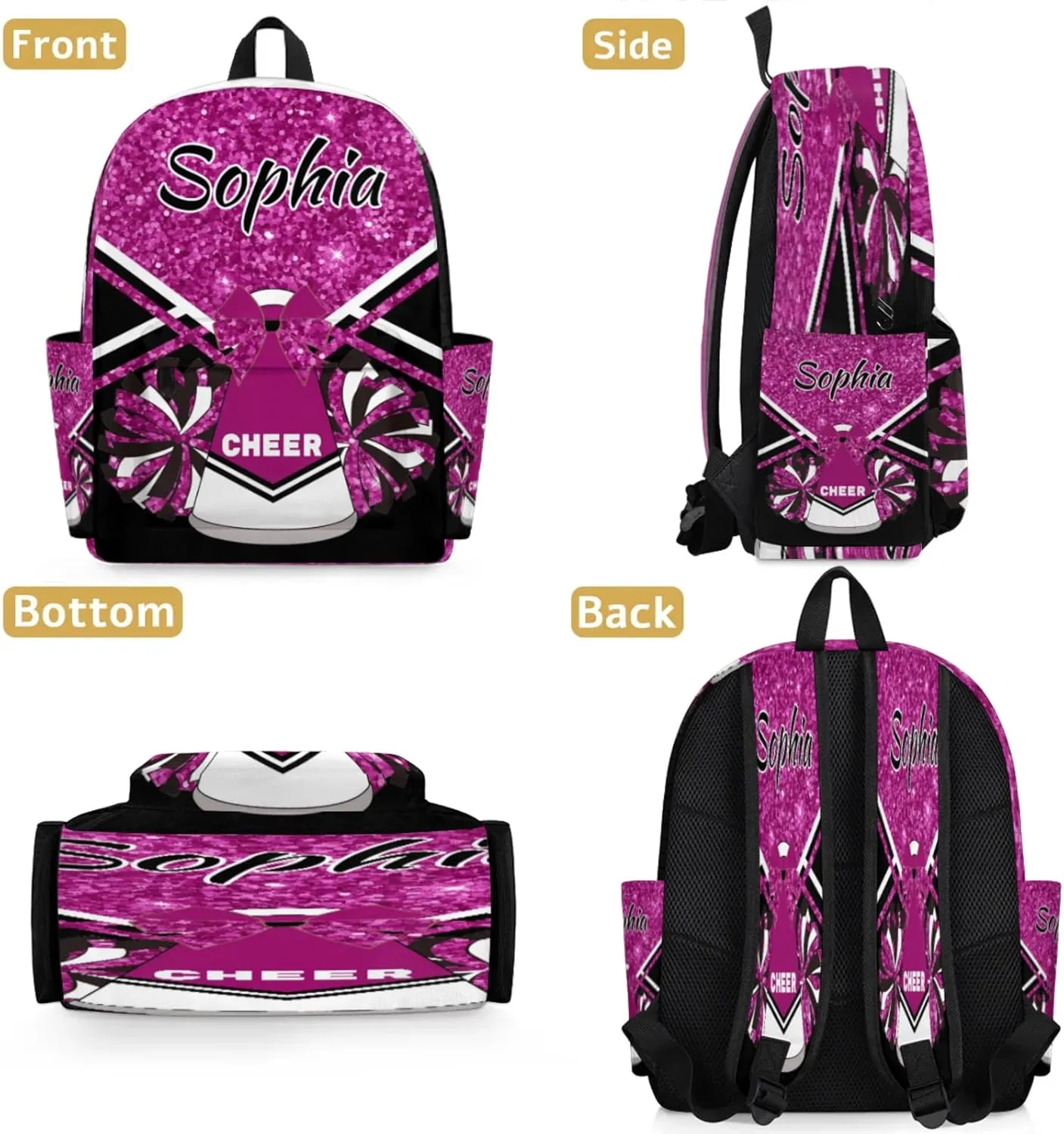 Personalized Cheer Bag Name Backpack Bags for Women Men, Custom Large Capacity Waterproof Shoulder Bags, Casual Daypack, Magenta Glitter