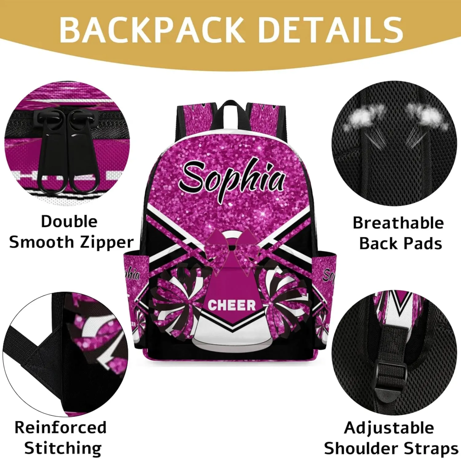 Personalized Cheer Bag Name Backpack Bags for Women Men, Custom Large Capacity Waterproof Shoulder Bags, Casual Daypack, Magenta Glitter