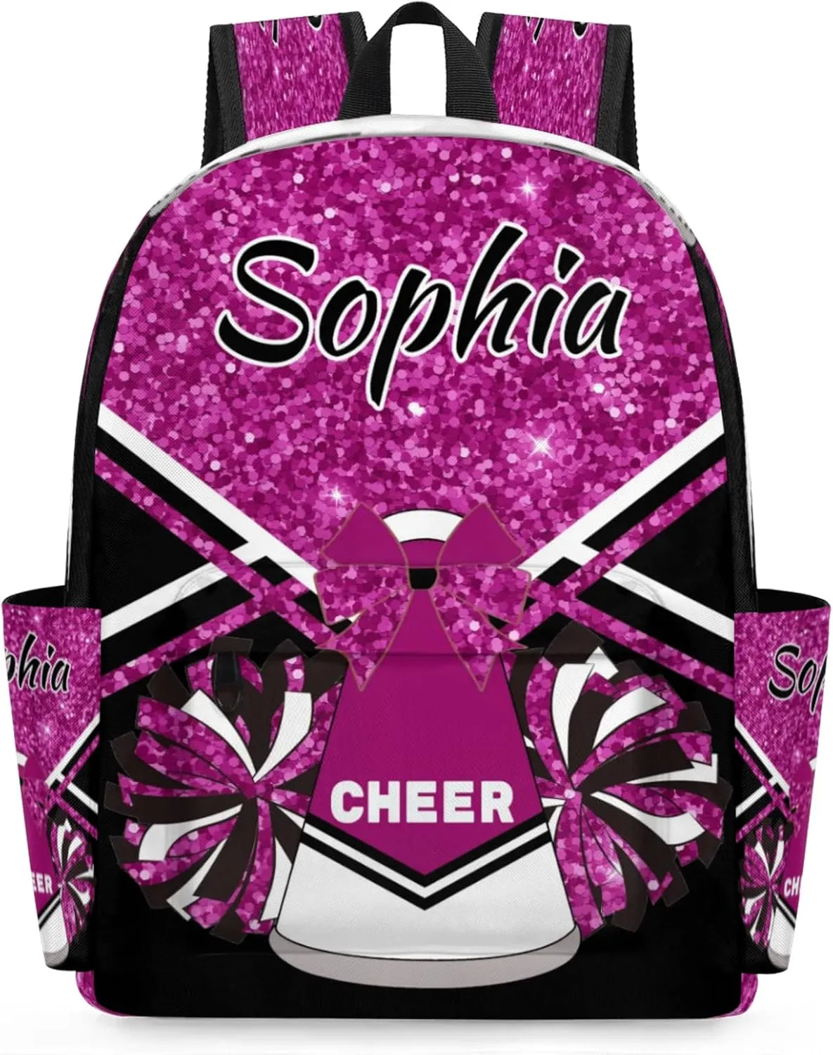 Personalized Cheer Bag Name Backpack Bags for Women Men, Custom Large Capacity Waterproof Shoulder Bags, Casual Daypack, Magenta Glitter