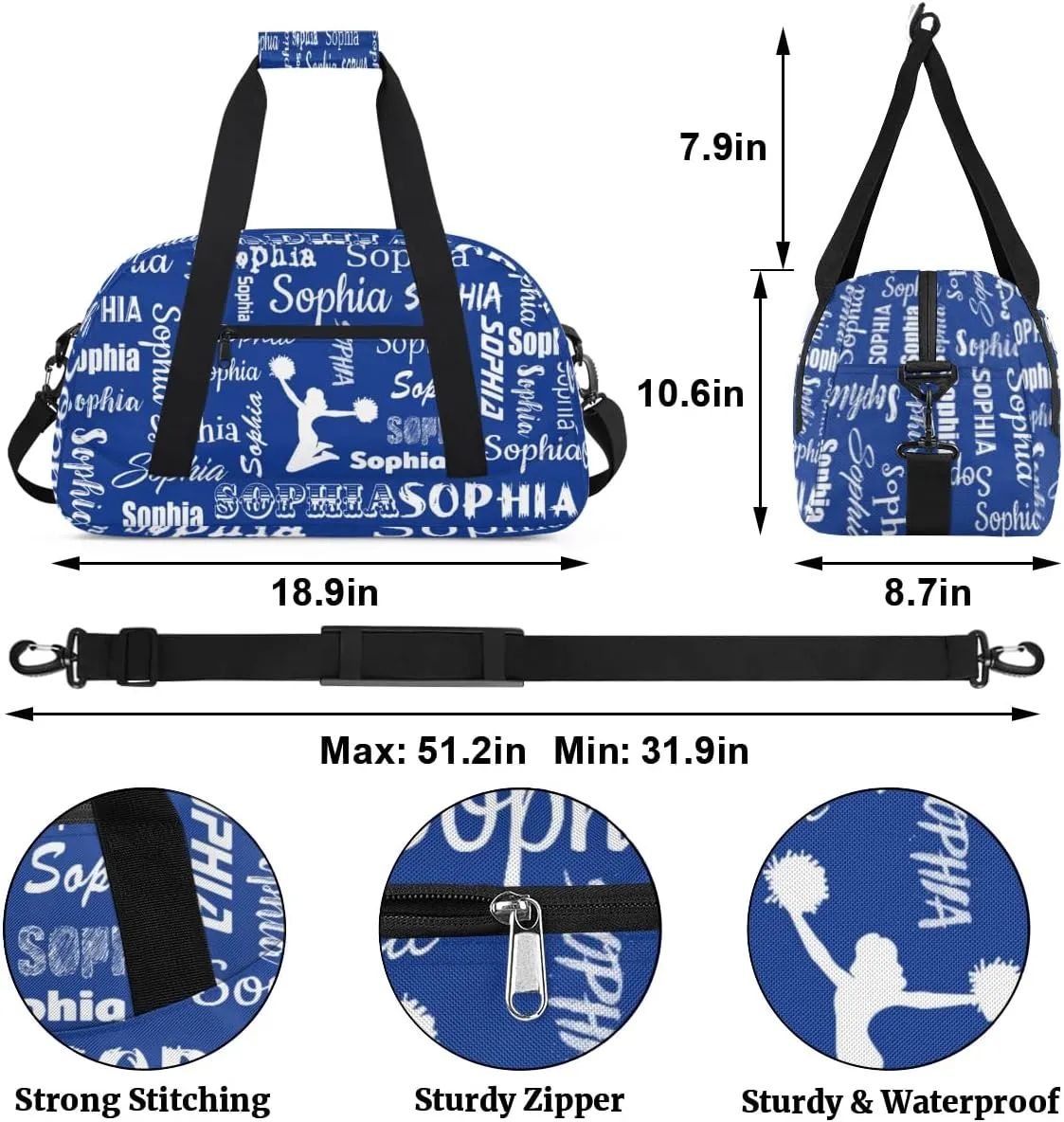Personalized Cheer Bag Name Custom Sport Duffel Bag Dance Bag, Overnight Weekender Bags Cheerleader Personalized Gymnastics Bag Cheerleading Gifts, Cobalt Blue