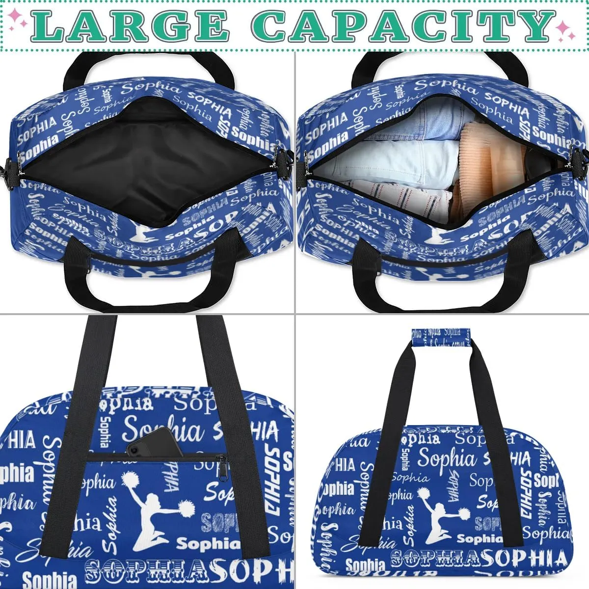 Personalized Cheer Bag Name Custom Sport Duffel Bag Dance Bag, Overnight Weekender Bags Cheerleader Personalized Gymnastics Bag Cheerleading Gifts, Cobalt Blue