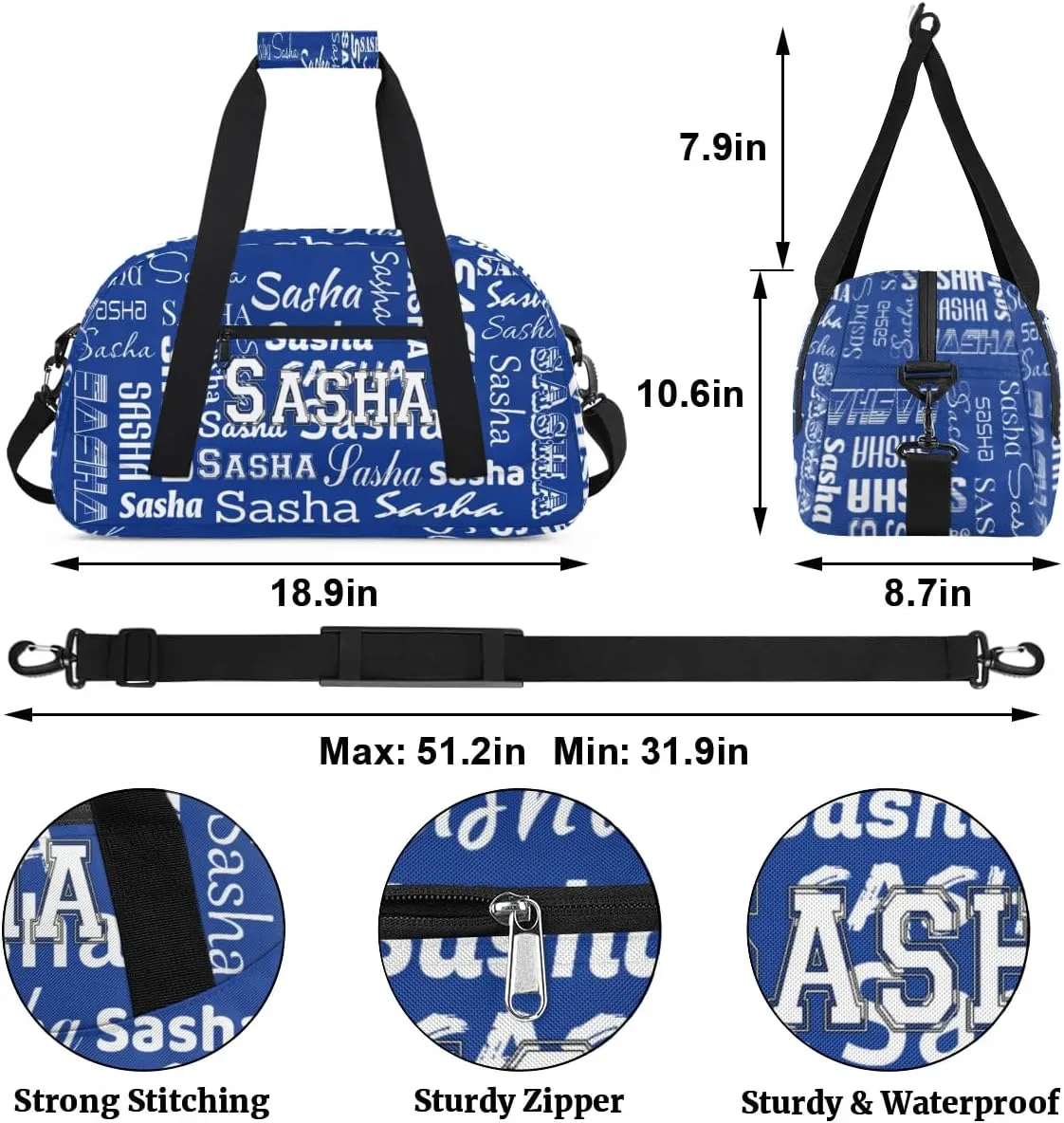 Personalized Cheer Bag, Name Dance Bag Gymnastics Bags, Custom Sport Duffel Gym Bags Travel Overnight Weekender Bags, Cobalt Blue Ballet Bags