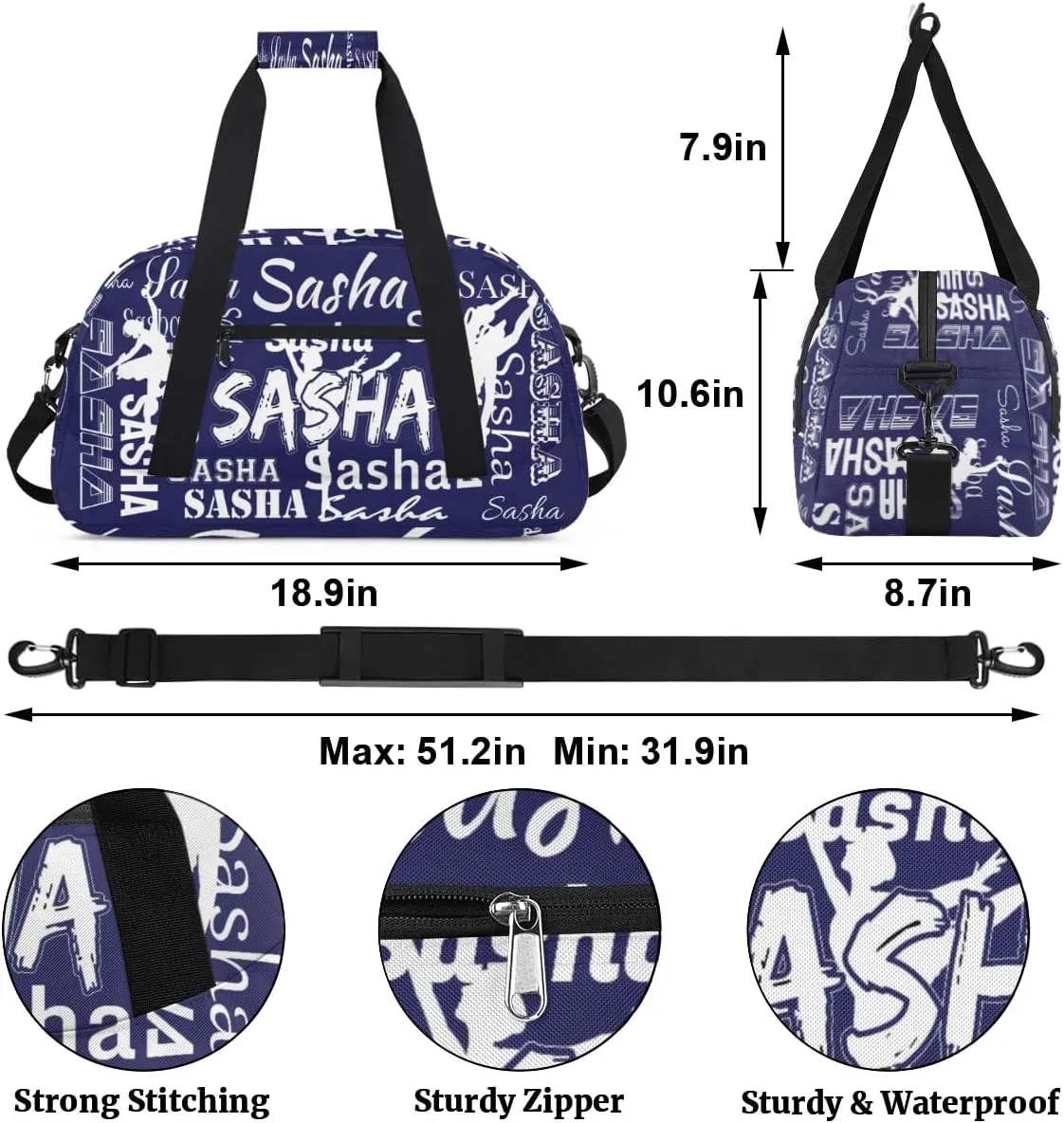 Personalized Cheer Bag, Name Dance Bag Gymnastics Bags, Custom Sport Duffel Gym Bags Travel Overnight Weekender Bags, Dark Navy Ballet Bags