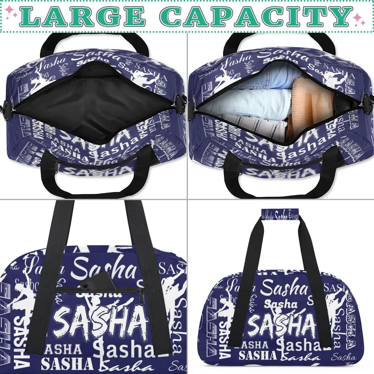 Personalized Cheer Bag, Name Dance Bag Gymnastics Bags, Custom Sport Duffel Gym Bags Travel Overnight Weekender Bags, Dark Navy Ballet Bags