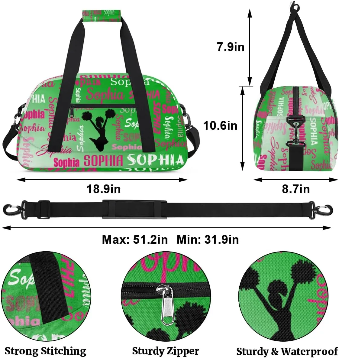 Personalized Cheer Bag Sport Duffel Bag Dance Bag, Overnight Duffel Bags Cheerleader Personalized Gymnastics Duffel Bag Cheerleading Gifts, Grass Green Gradient
