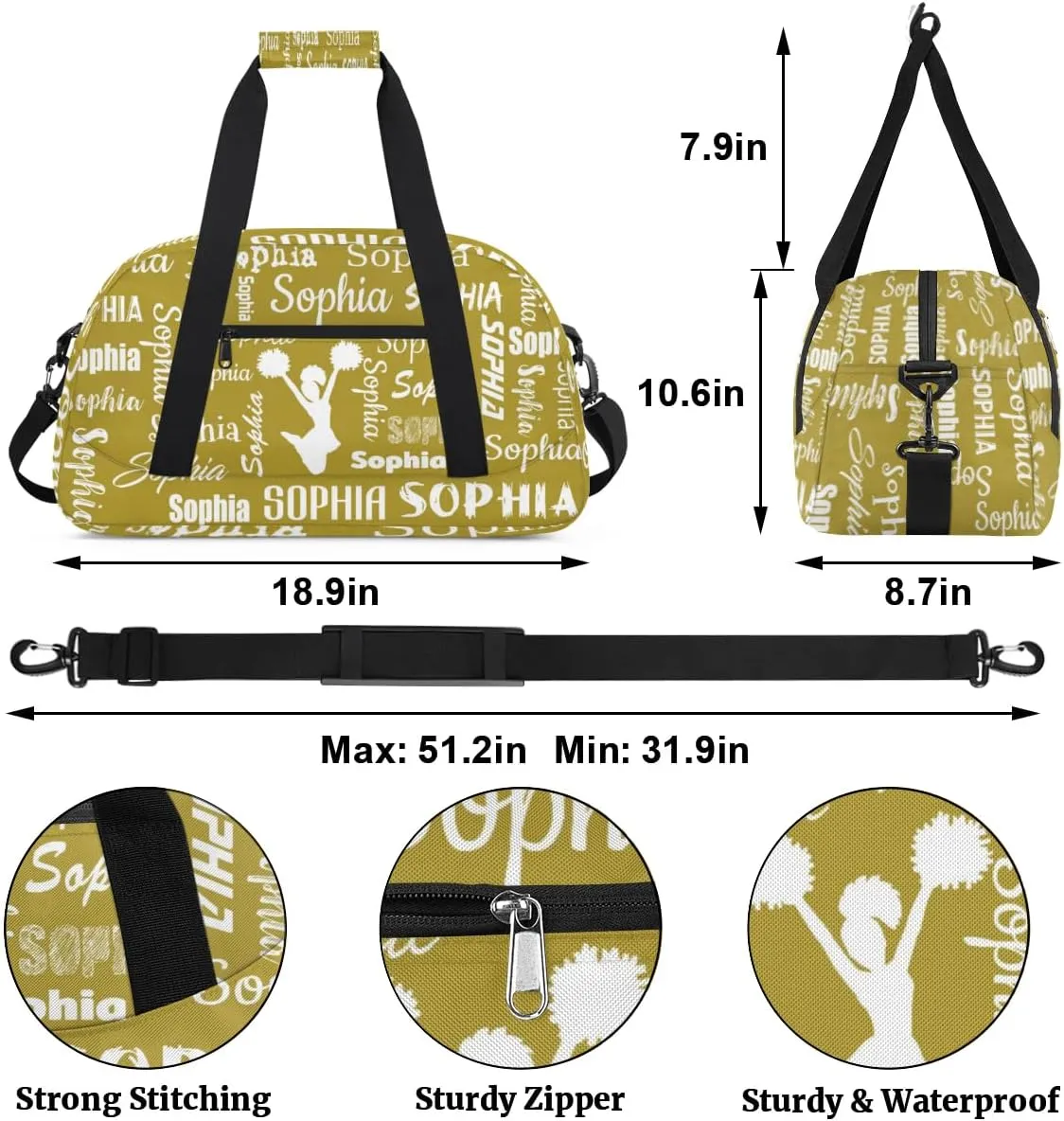 Personalized Cheer Bag Sport Duffel Bag Dance Bag, Overnight Weekender Bags Cheerleader Personalized Gymnastics Duffel Bag Cheerleading Gifts, Brown