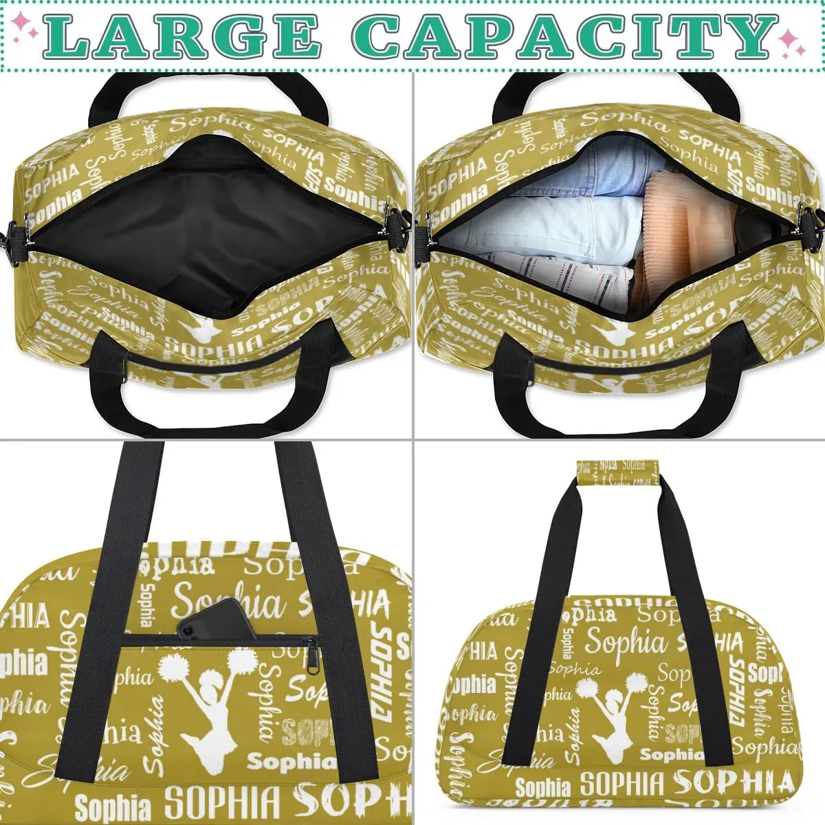 Personalized Cheer Bag Sport Duffel Bag Dance Bag, Overnight Weekender Bags Cheerleader Personalized Gymnastics Duffel Bag Cheerleading Gifts, Brown