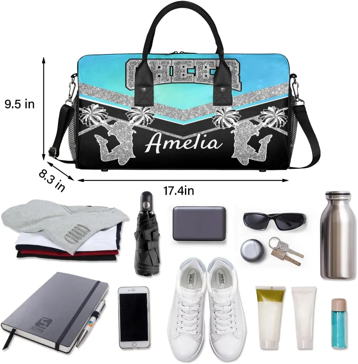 Personalized Cheer Bag with Name Blue Light Sport Duffel Bag Overnight Weekender Bags Customize Dance PracticeTravel Duffle Bag
