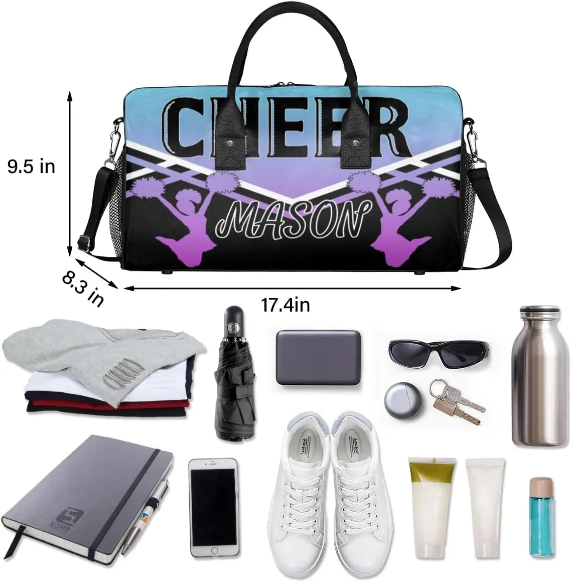 Personalized Cheer Bags for Cheerleaders, Custom Name Sport Gym Duffel Bags, Customized Travel Overnight Weekender Bags Personalized Cheerleading Gifts, Blue Purple Gradient