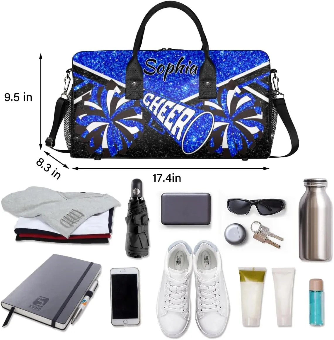 Personalized Cheer Duffel Bag for Cheerleaders, Custom Name Sports Bag for Women Men, Custom Cheerleading Travel Duffle Bags, Weekender Bag Gym Bag, Blue Glitter