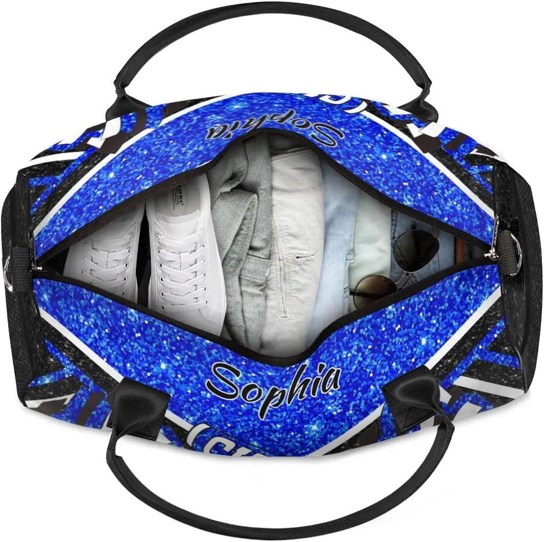 Personalized Cheer Duffel Bag for Cheerleaders, Custom Name Sports Bag for Women Men, Custom Cheerleading Travel Duffle Bags, Weekender Bag Gym Bag, Blue Glitter