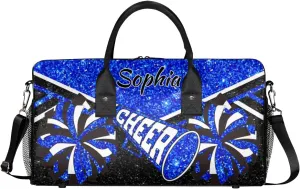 Personalized Cheer Duffel Bag for Cheerleaders, Custom Name Sports Bag for Women Men, Custom Cheerleading Travel Duffle Bags, Weekender Bag Gym Bag, Blue Glitter