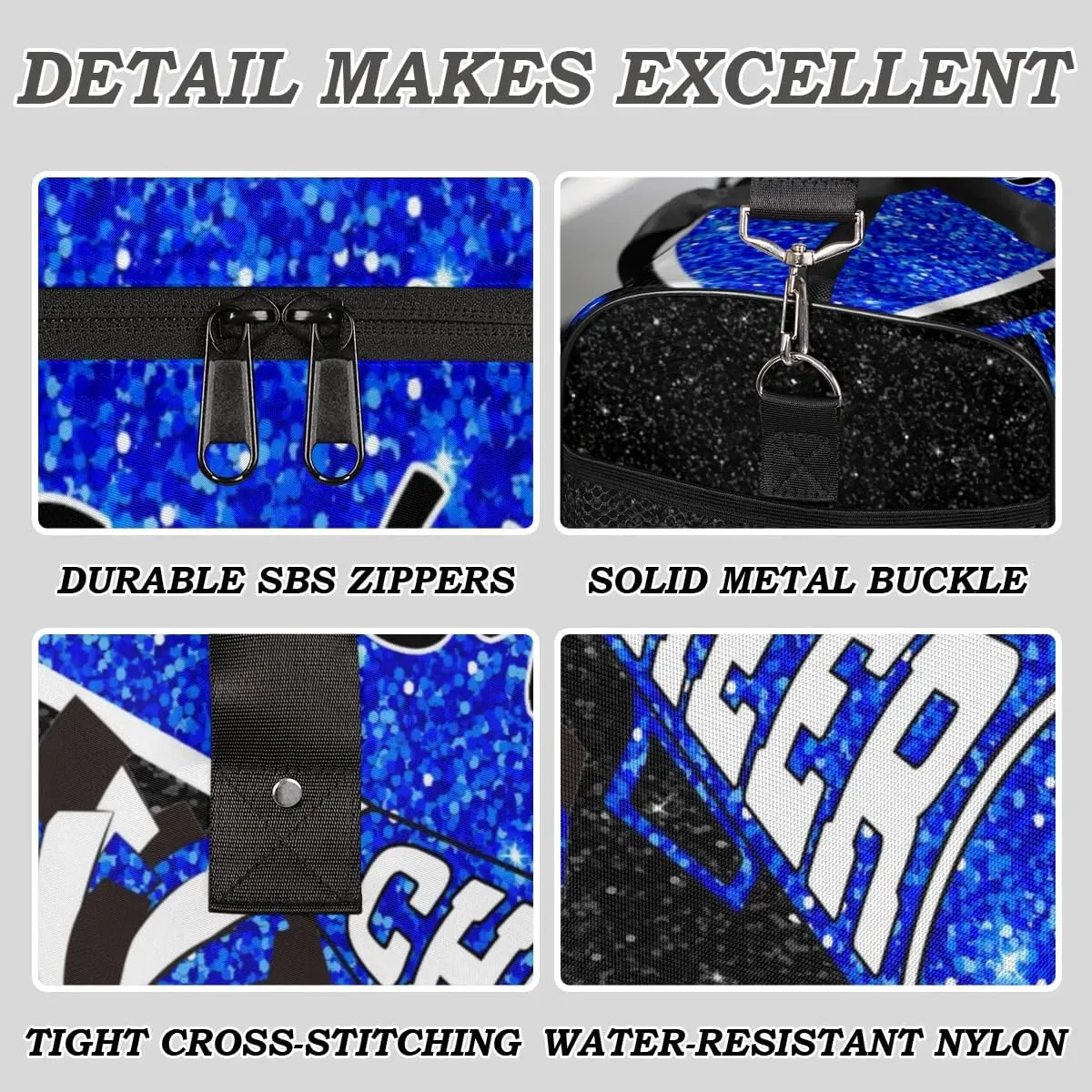 Personalized Cheer Duffel Bag for Cheerleaders, Custom Name Sports Bag for Women Men, Custom Cheerleading Travel Duffle Bags, Weekender Bag Gym Bag, Blue Glitter
