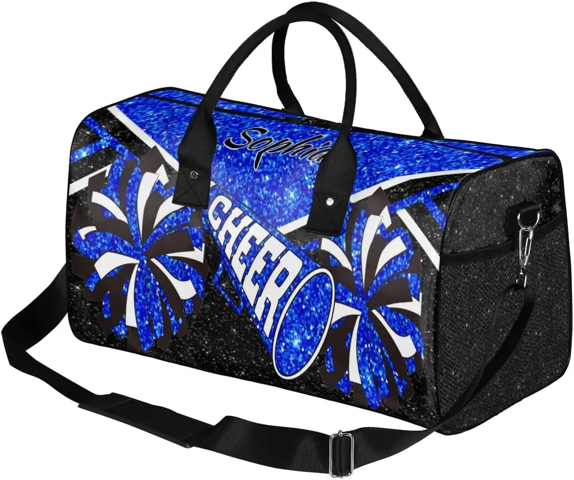 Personalized Cheer Duffel Bag for Cheerleaders, Custom Name Sports Bag for Women Men, Custom Cheerleading Travel Duffle Bags, Weekender Bag Gym Bag, Blue Glitter