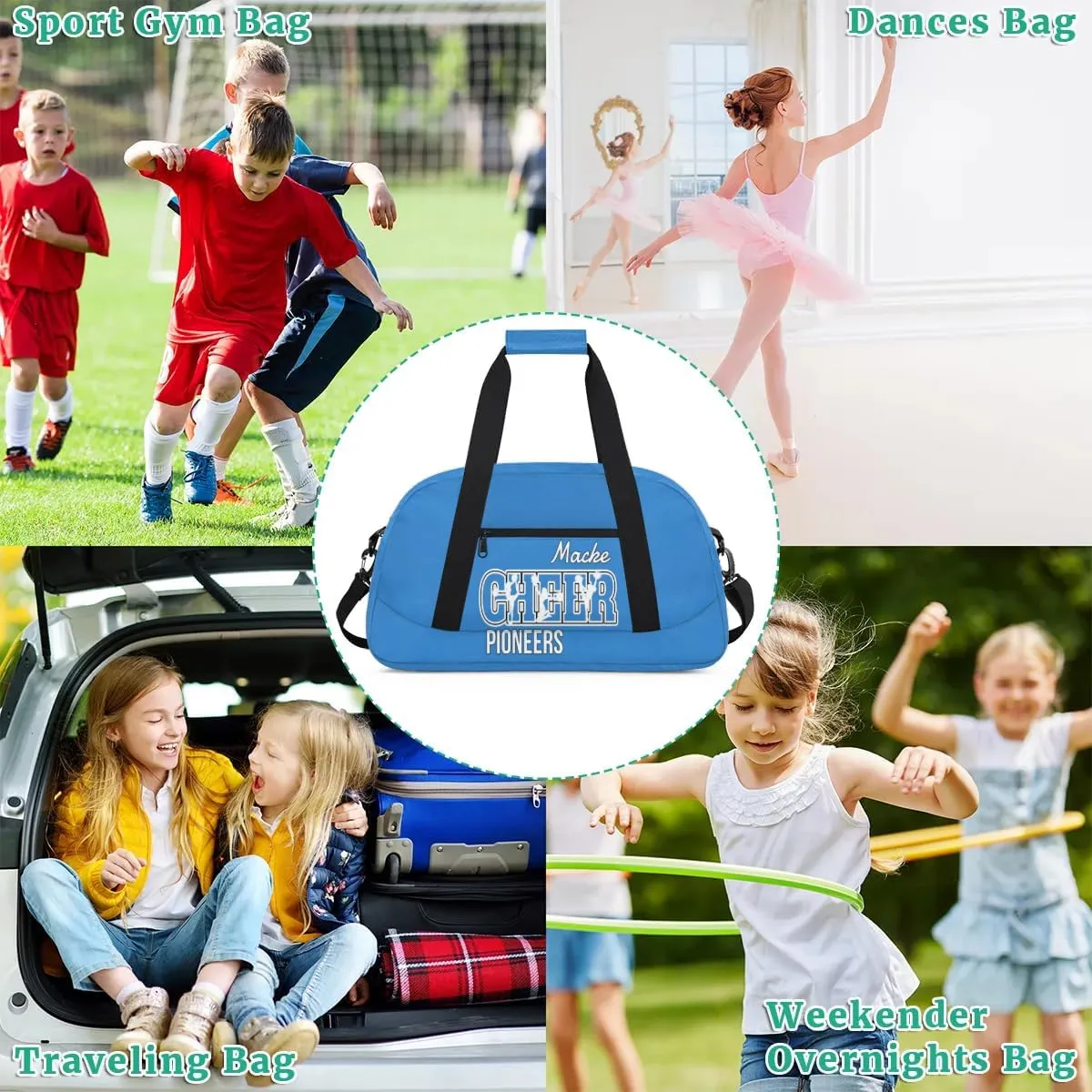 Personalized Cheer Duffel Bags, Custom Cheerleader Dance Sport Bags, Customized Cheerleading Travel Bags Weekender Bags with Name, Blue