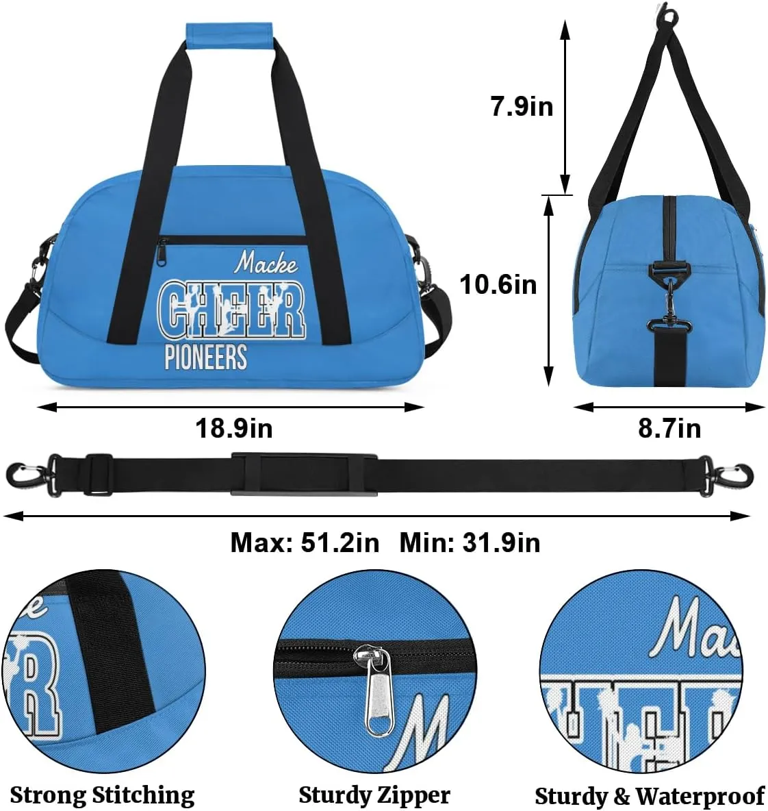 Personalized Cheer Duffel Bags, Custom Cheerleader Dance Sport Bags, Customized Cheerleading Travel Bags Weekender Bags with Name, Blue