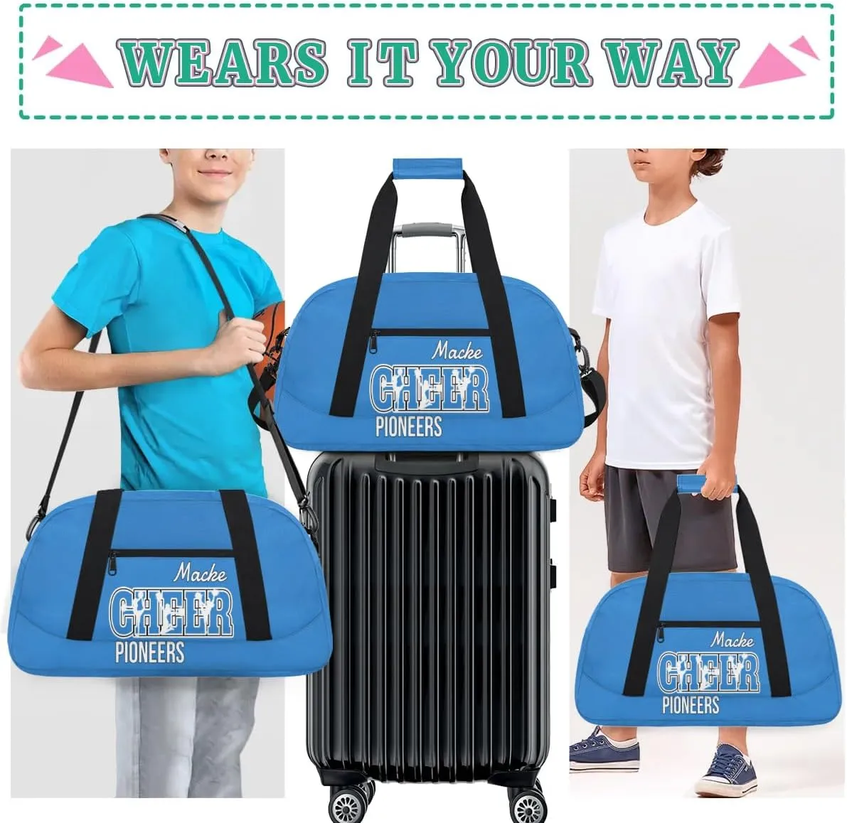 Personalized Cheer Duffel Bags, Custom Cheerleader Dance Sport Bags, Customized Cheerleading Travel Bags Weekender Bags with Name, Blue