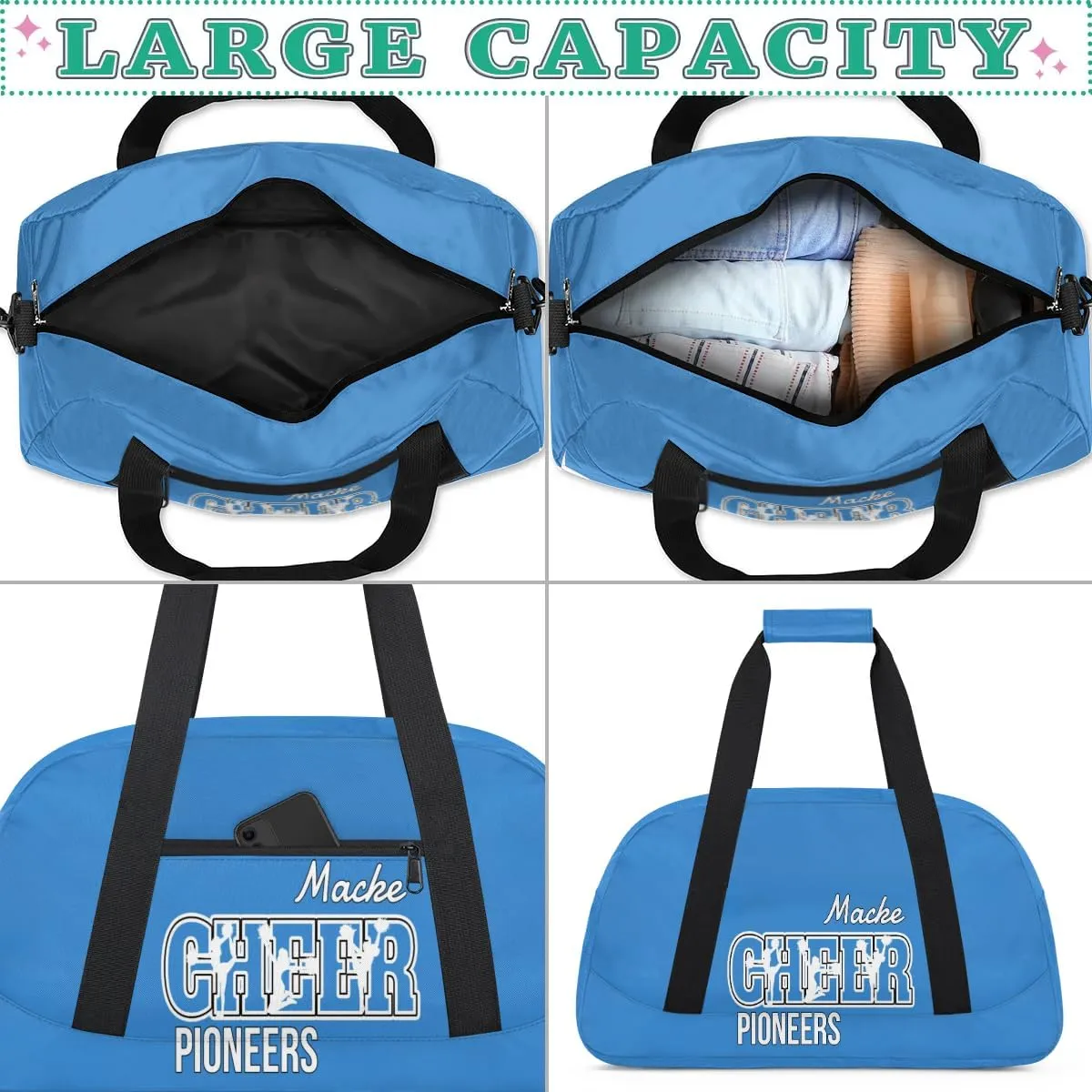 Personalized Cheer Duffel Bags, Custom Cheerleader Dance Sport Bags, Customized Cheerleading Travel Bags Weekender Bags with Name, Blue
