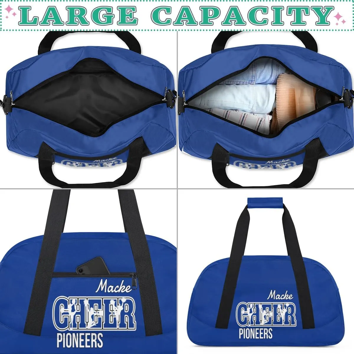 Personalized Cheer Duffel Bags, Custom Cheerleader Dance Sport Bags, Customized Cheerleading Travel Bags Weekender Bags with Name, Cobalt Blue