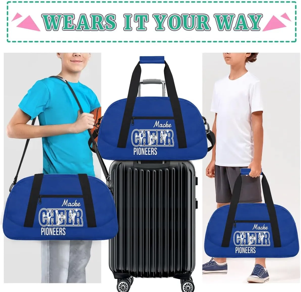 Personalized Cheer Duffel Bags, Custom Cheerleader Dance Sport Bags, Customized Cheerleading Travel Bags Weekender Bags with Name, Cobalt Blue