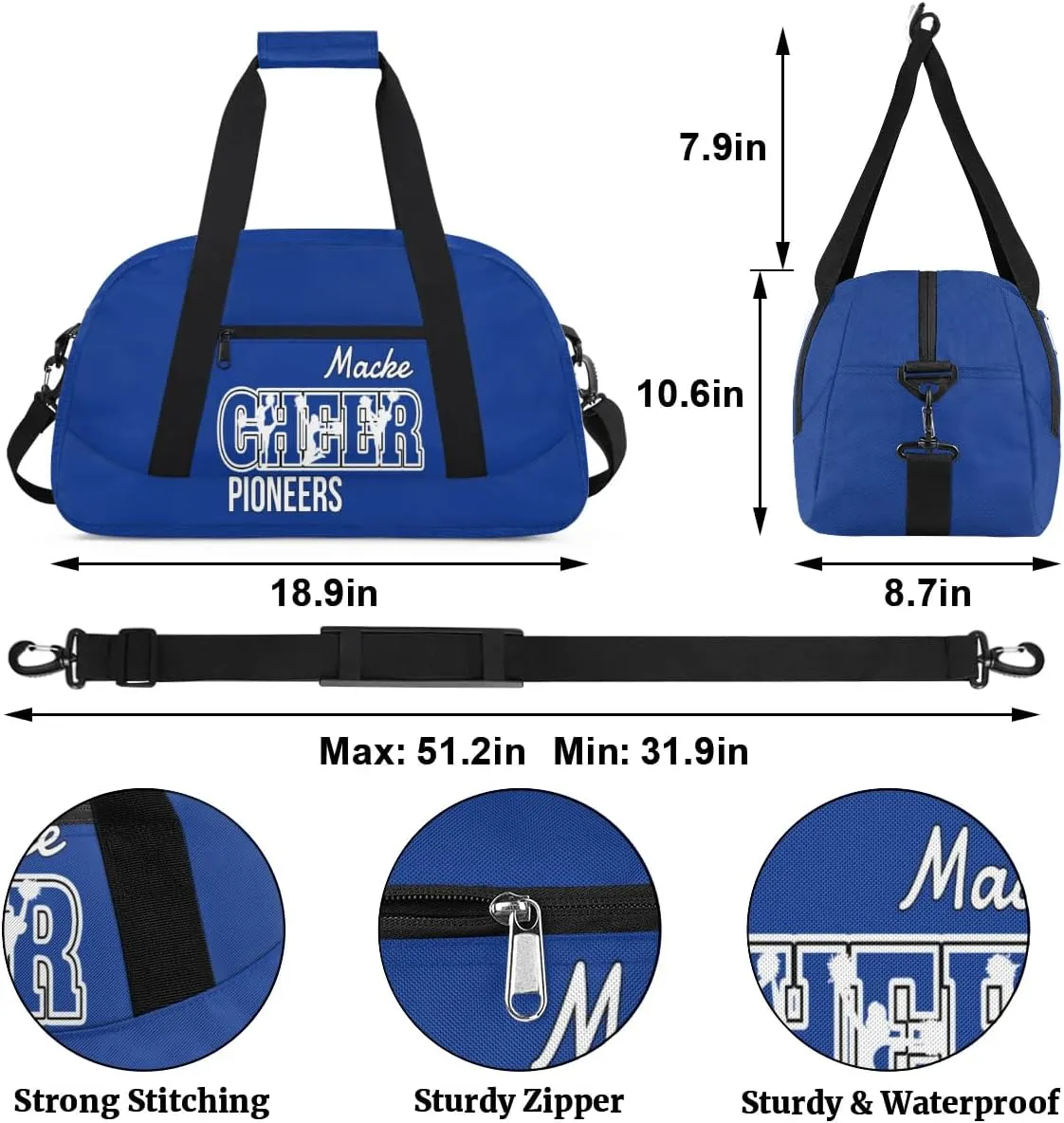 Personalized Cheer Duffel Bags, Custom Cheerleader Dance Sport Bags, Customized Cheerleading Travel Bags Weekender Bags with Name, Cobalt Blue