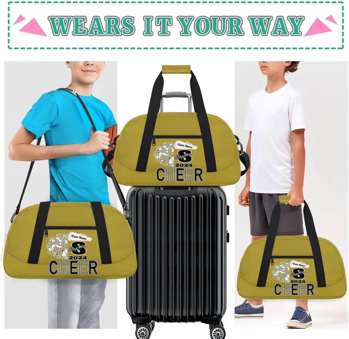 Personalized Cheer Duffel Bags, Custom Cheerleader Dance Sport Bags, Customized Cheerleading Travel Overnight Weekender Bags with Name, Brown