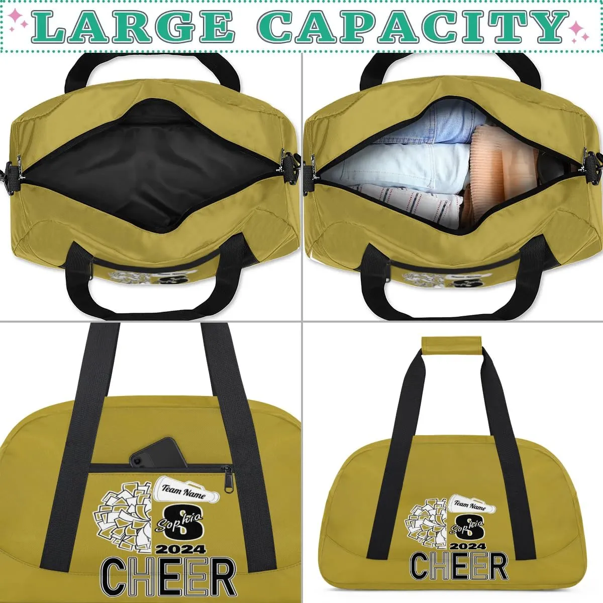 Personalized Cheer Duffel Bags, Custom Cheerleader Dance Sport Bags, Customized Cheerleading Travel Overnight Weekender Bags with Name, Brown