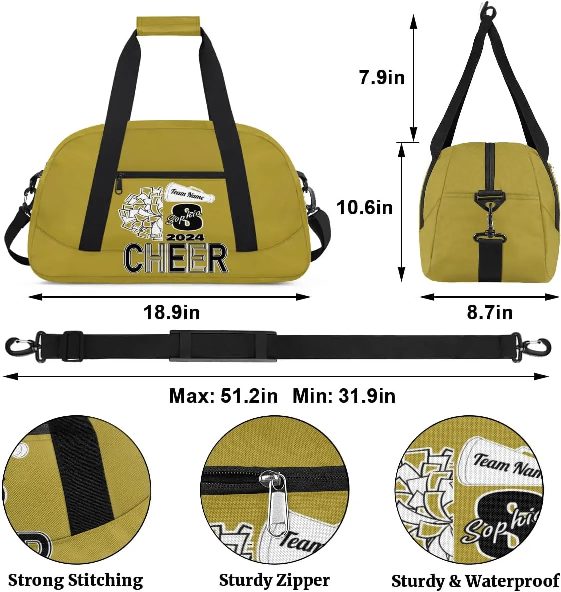 Personalized Cheer Duffel Bags, Custom Cheerleader Dance Sport Bags, Customized Cheerleading Travel Overnight Weekender Bags with Name, Brown