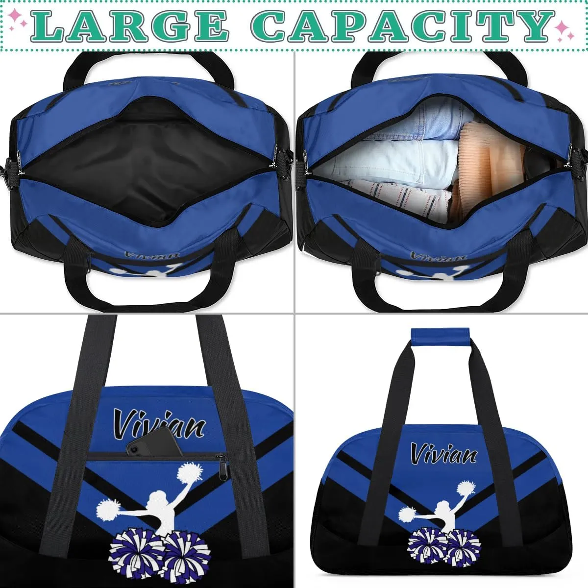 Personalized Cheer Duffel Bags Custom Name Sport Bag, Custom Cheerleader Gym Bag, Customize Travel Duffle Bag, Overnight Weekender Bags, Cheerleading Gifts, Cobalt Blue