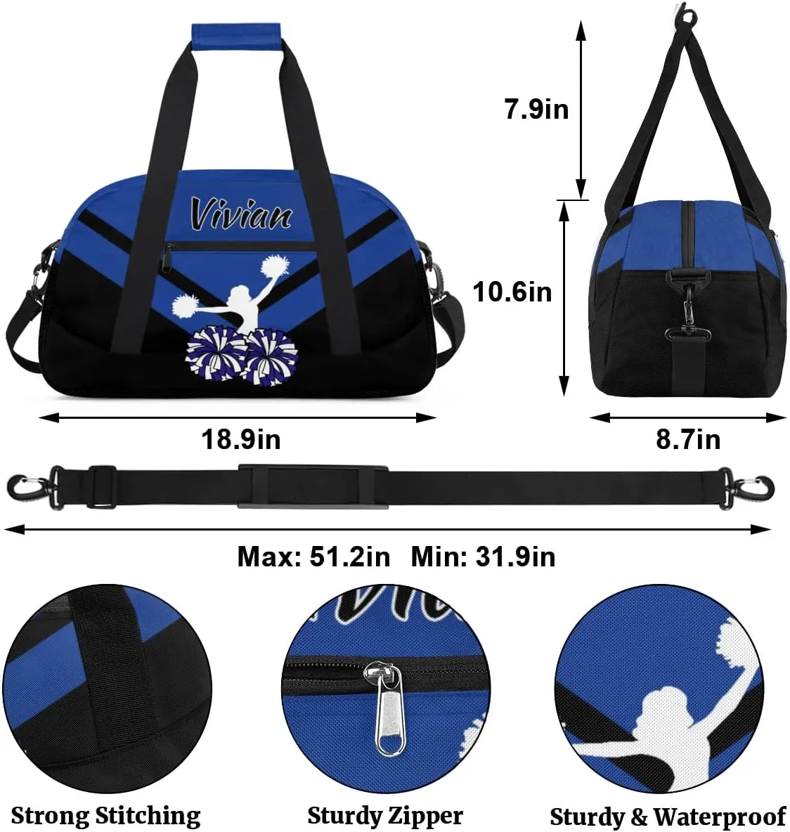 Personalized Cheer Duffel Bags Custom Name Sport Bag, Custom Cheerleader Gym Bag, Customize Travel Duffle Bag, Overnight Weekender Bags, Cheerleading Gifts, Cobalt Blue