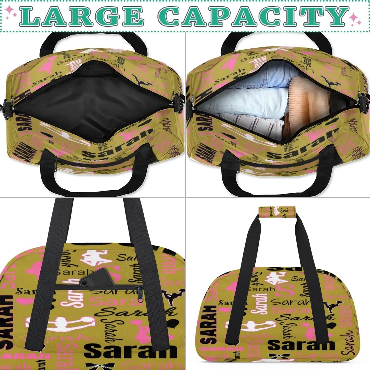 Personalized Cheer Duffle Bag for Cheerleaders, Brown (No Glitter) Custom Cheerleading Gym Bag for Women, Cheer Duffel Bag with Name Weekender Bags Customized Cheer Gifts