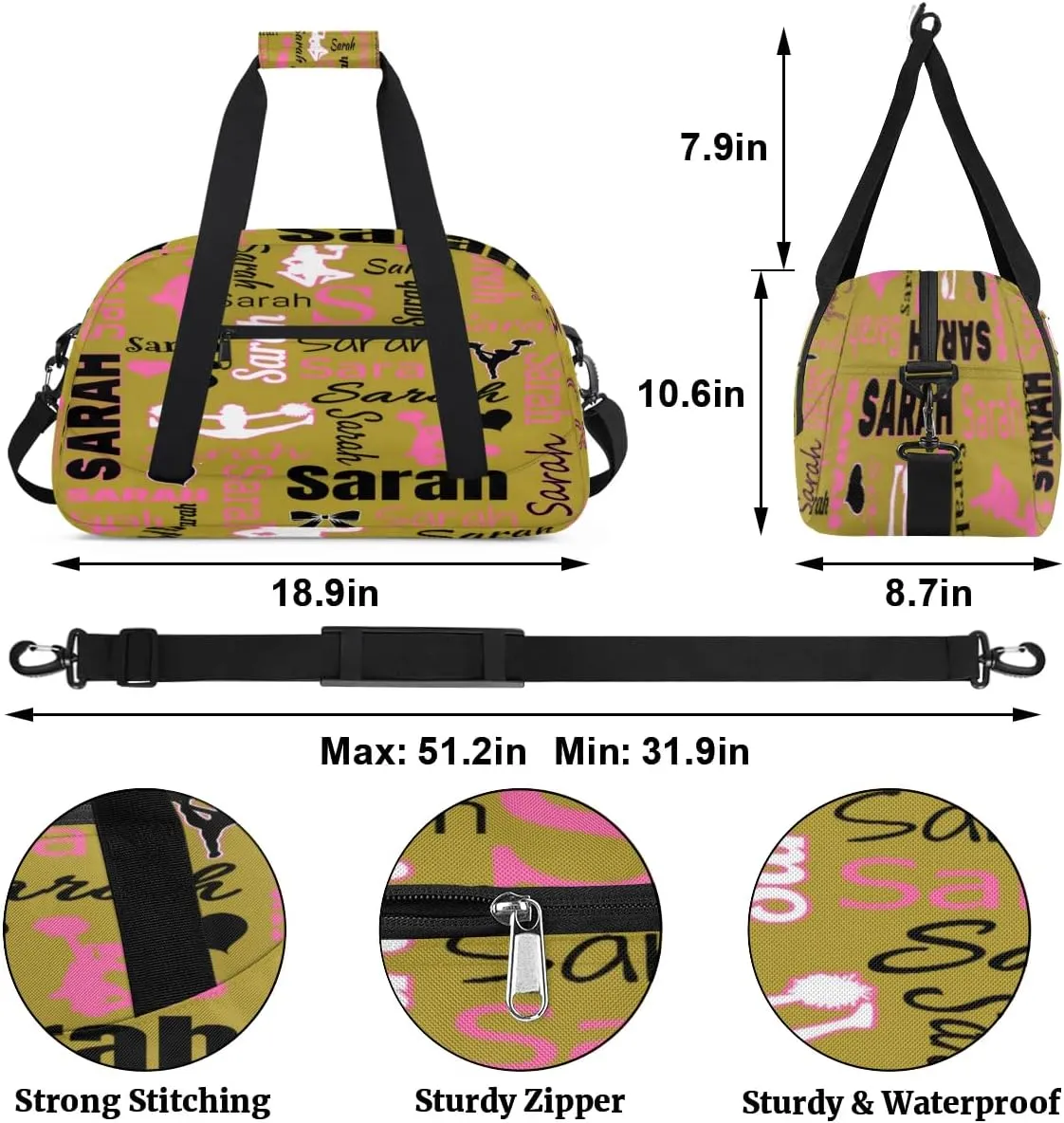 Personalized Cheer Duffle Bag for Cheerleaders, Brown (No Glitter) Custom Cheerleading Gym Bag for Women, Cheer Duffel Bag with Name Weekender Bags Customized Cheer Gifts