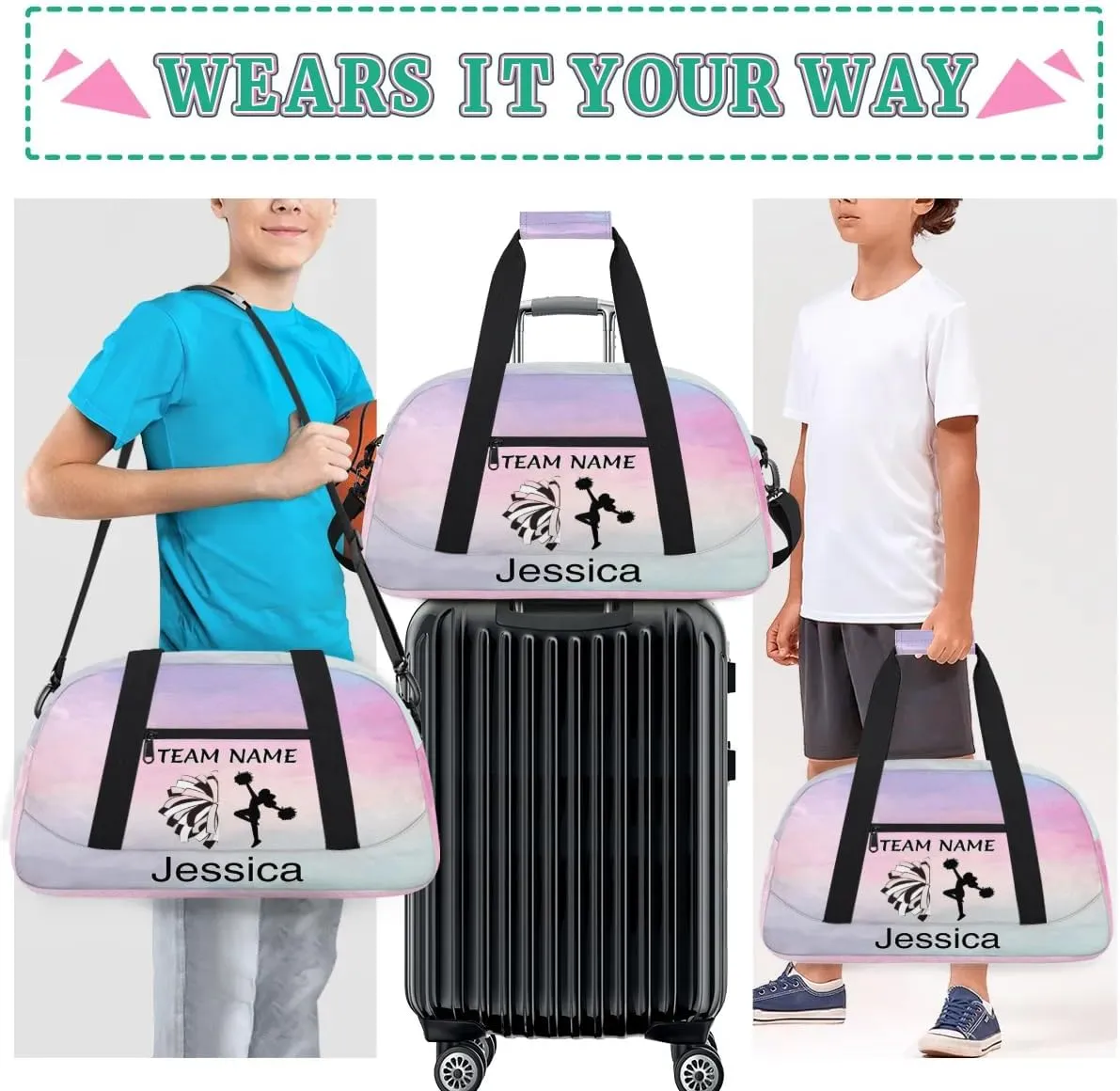 Personalized Cheer Duffle Bag for Cheerleaders, Custom Cheerleading Gym Bag for Women, Cheer Duffel Bag with Name Overnight Weekender Bags, Colourful Prints