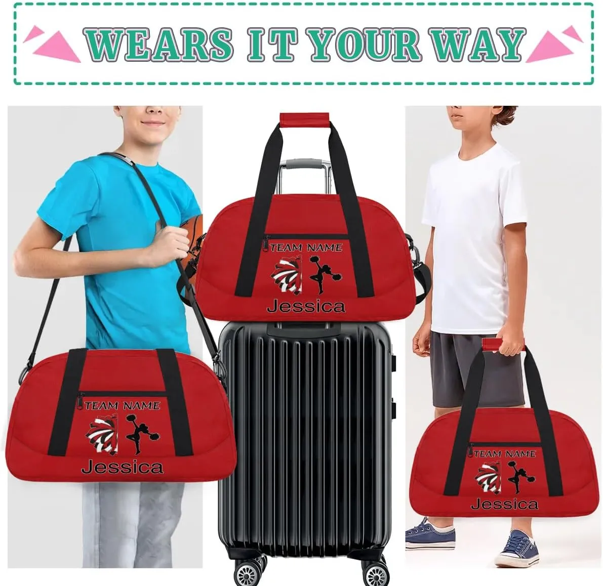 Personalized Cheer Duffle Bag for Cheerleaders, Custom Cheerleading Gym Bag for Women, Cheer Duffel Bag with Name Overnight Weekender Bags, Deep Red
