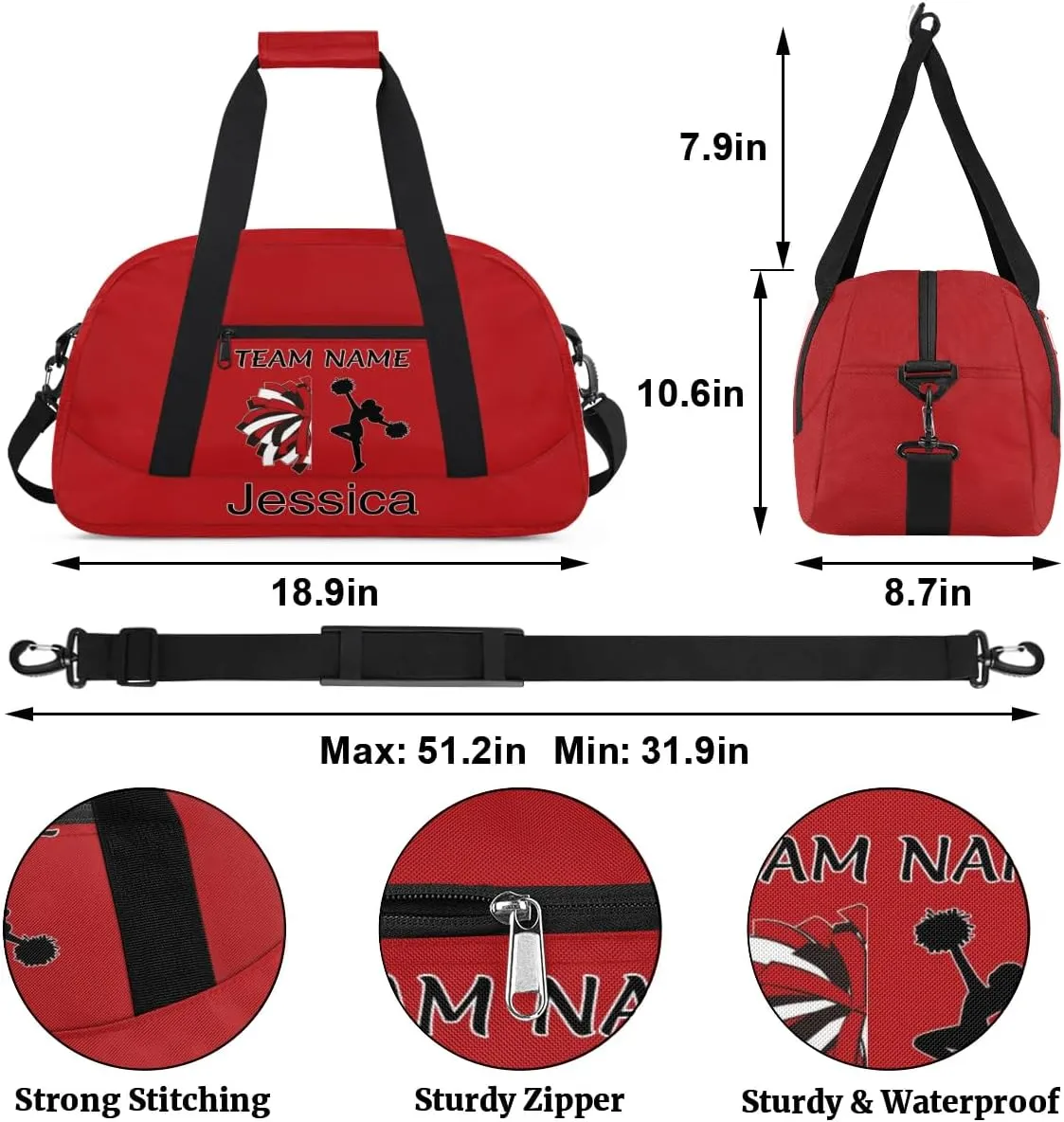 Personalized Cheer Duffle Bag for Cheerleaders, Custom Cheerleading Gym Bag for Women, Cheer Duffel Bag with Name Overnight Weekender Bags, Deep Red