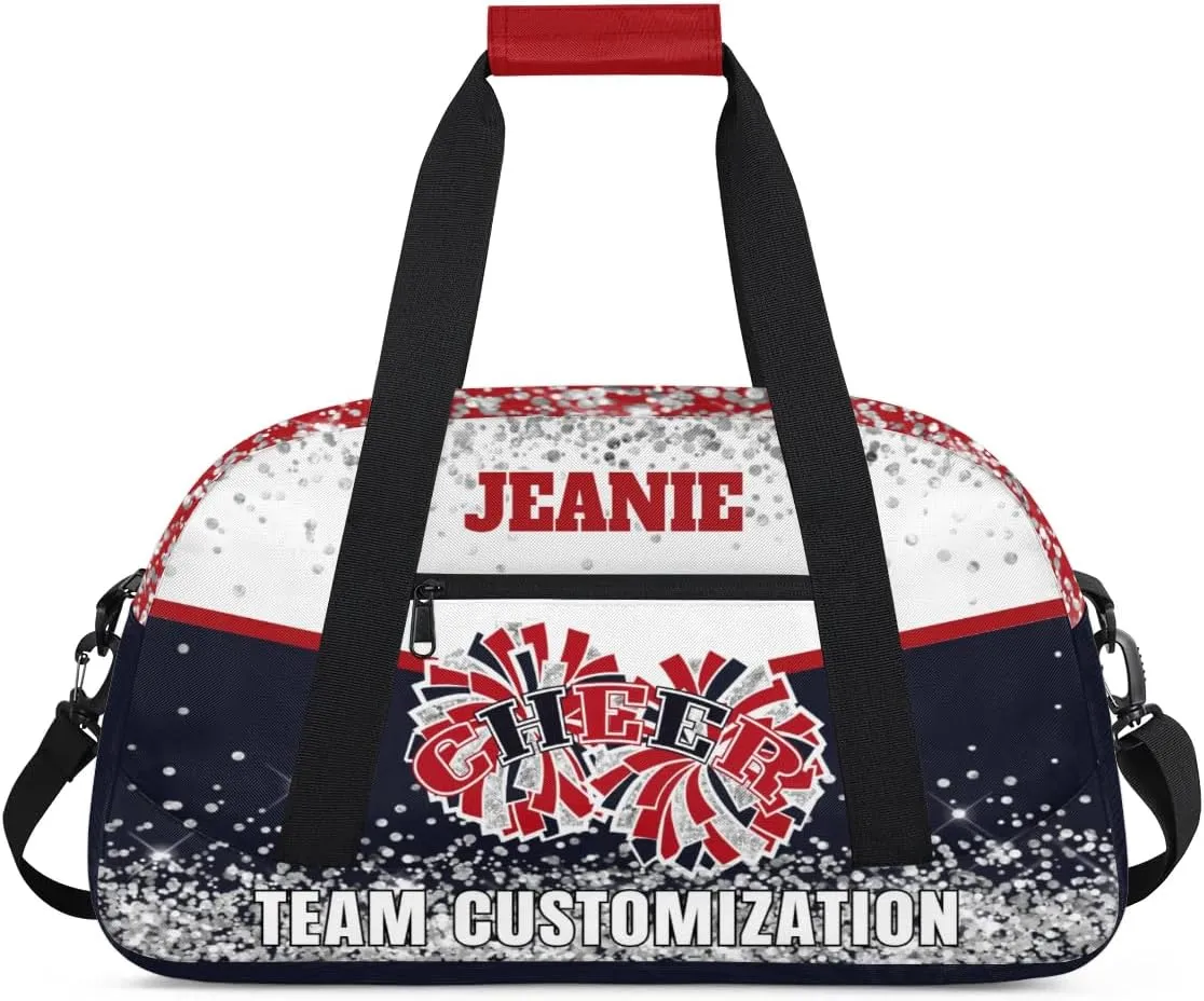 Personalized Cheer Gym Bags for Girls Kids Cheerleaders with Custom Name Sport Dance Perform Training Duffel Bags for Overnight Weekender Travel White Dark Blue