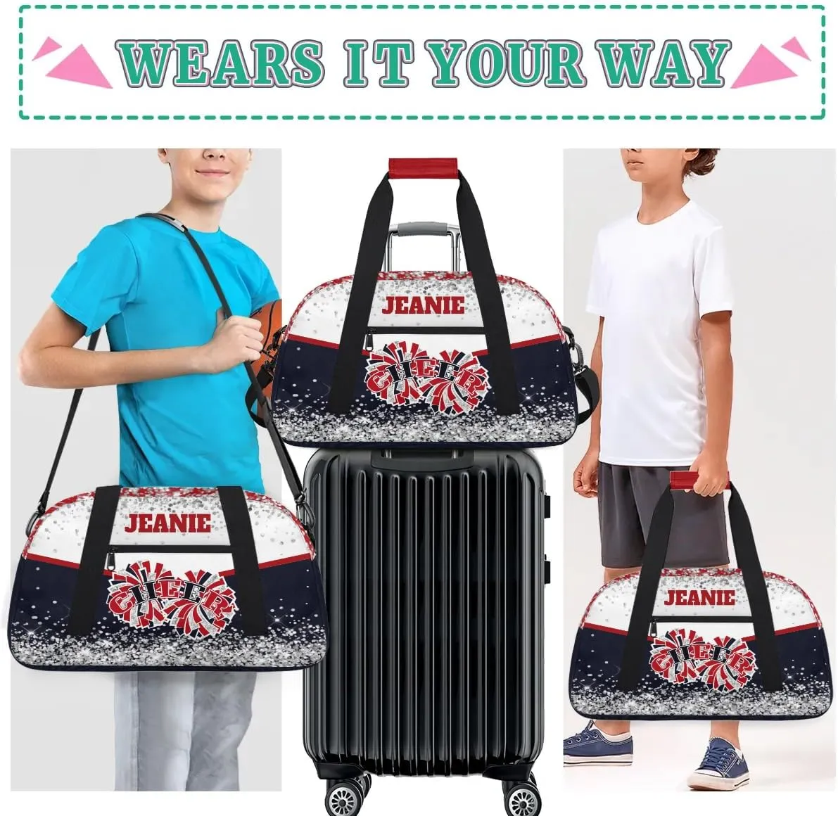 Personalized Cheer Gym Bags for Girls Kids Cheerleaders with Custom Name Sport Dance Perform Training Duffel Bags for Overnight Weekender Travel White Dark Blue