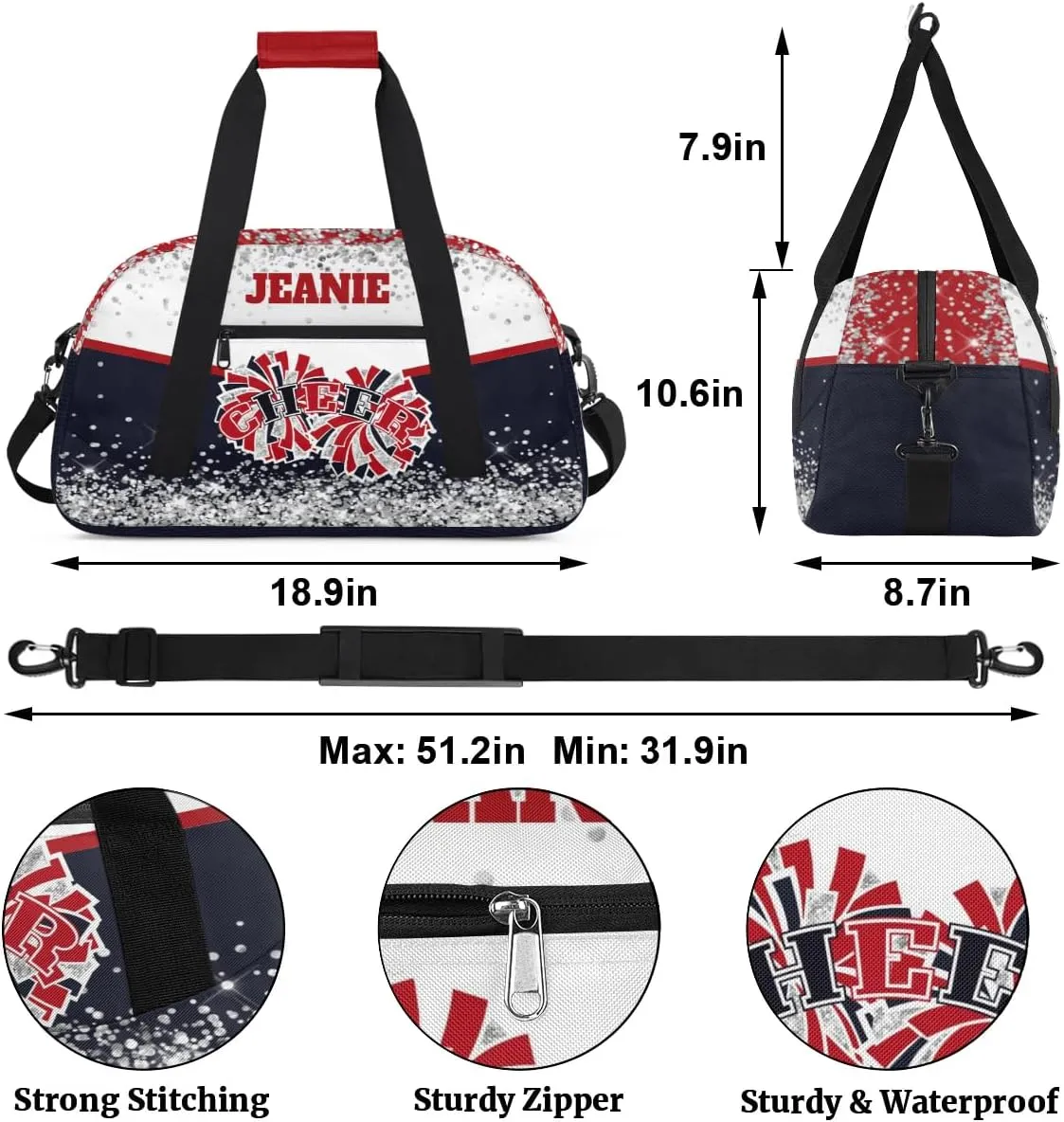 Personalized Cheer Gym Bags for Girls Kids Cheerleaders with Custom Name Sport Dance Perform Training Duffel Bags for Overnight Weekender Travel White Dark Blue