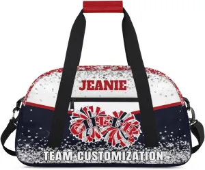 Personalized Cheer Gym Bags for Girls Kids Cheerleaders with Custom Name Sport Dance Perform Training Duffel Bags for Overnight Weekender Travel White Dark Blue