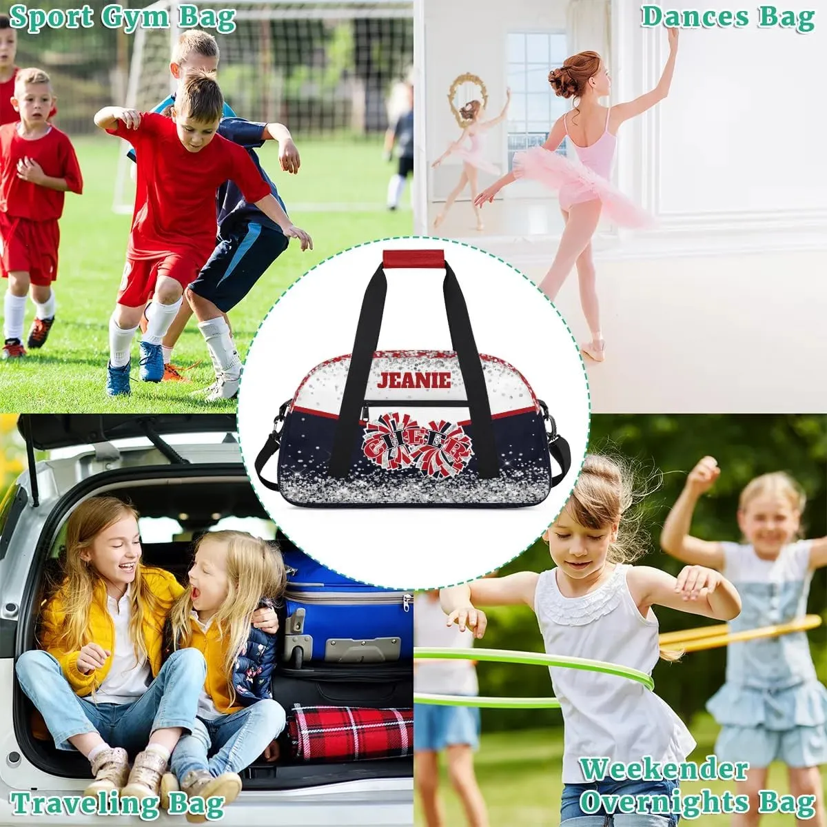 Personalized Cheer Gym Bags for Girls Kids Cheerleaders with Custom Name Sport Dance Perform Training Duffel Bags for Overnight Weekender Travel White Dark Blue