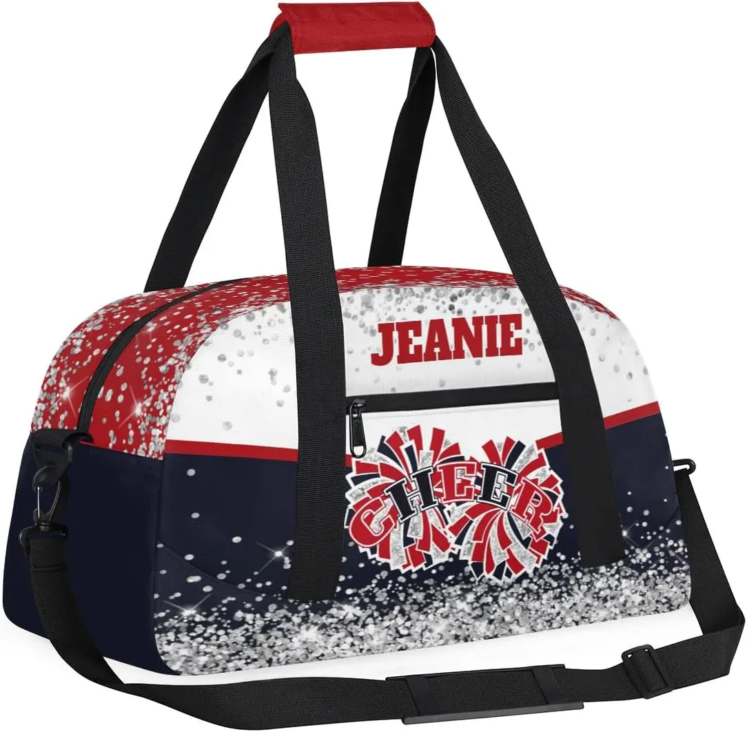 Personalized Cheer Gym Bags for Girls Kids Cheerleaders with Custom Name Sport Dance Perform Training Duffel Bags for Overnight Weekender Travel White Dark Blue
