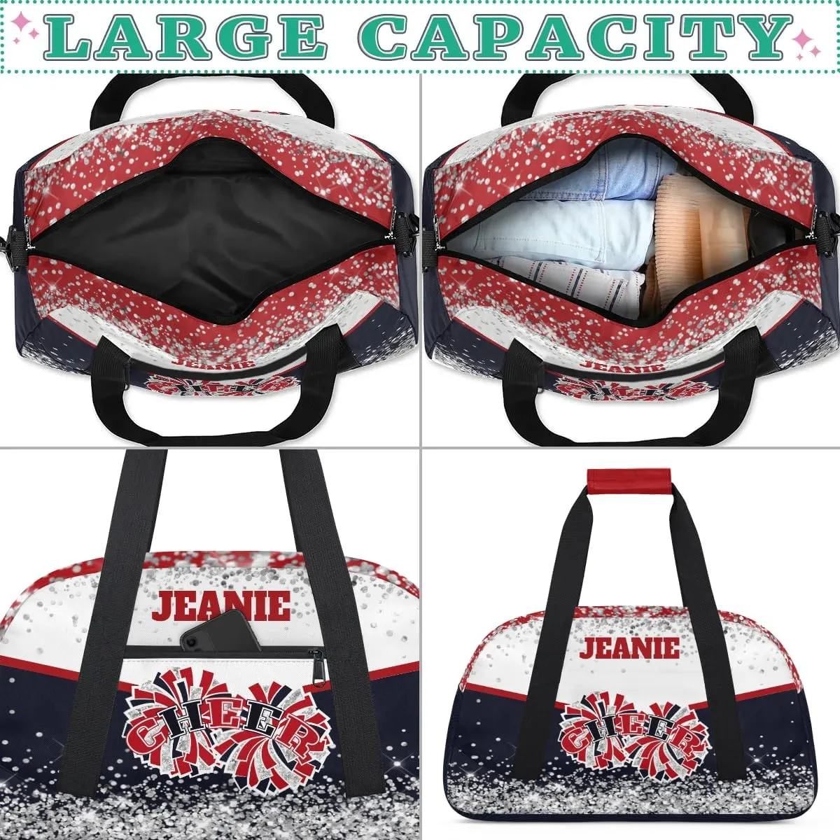 Personalized Cheer Gym Bags for Girls Kids Cheerleaders with Custom Name Sport Dance Perform Training Duffel Bags for Overnight Weekender Travel White Dark Blue